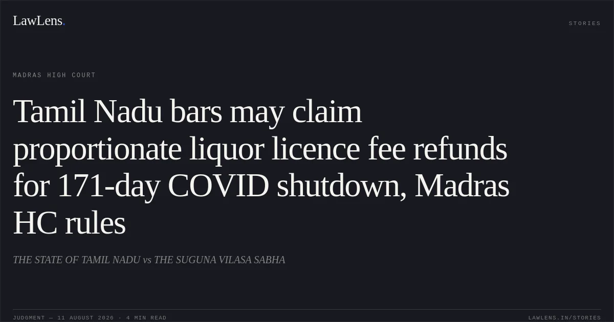 Tamil Nadu bars may claim proportionate liquor licence fee refunds for 171-day COVID shutdown, Madras HC rules. THE STATE OF TAMIL NADU vs THE SUGUNA VILASA SABHA. Madras High Court. LawLens