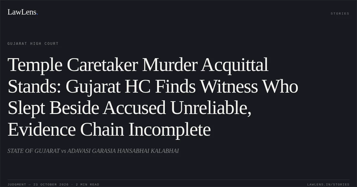 Temple Caretaker Murder Acquittal Stands: Gujarat HC Finds Witness Who Slept Beside Accused Unreliable, Evidence Chain Incomplete. STATE OF GUJARAT vs ADAVASI GARASIA HANSABHAI KALABHAI. Gujarat High Court. LawLens
