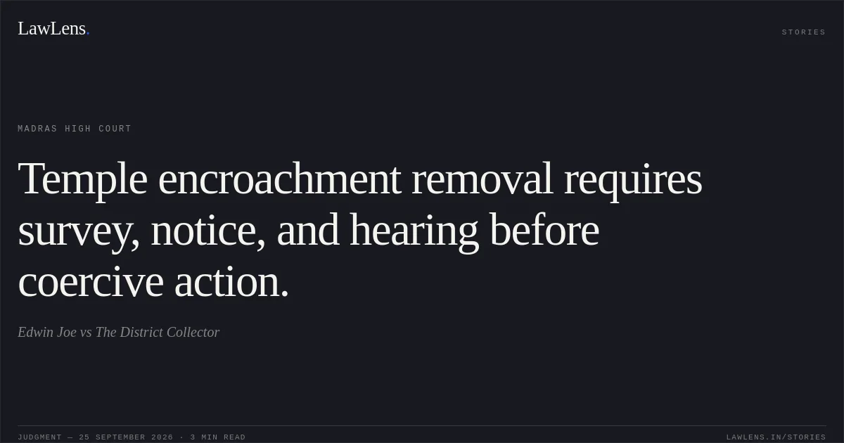 Temple encroachment removal requires survey, notice, and hearing before coercive action.. Edwin Joe vs The District Collector. Madras High Court. LawLens