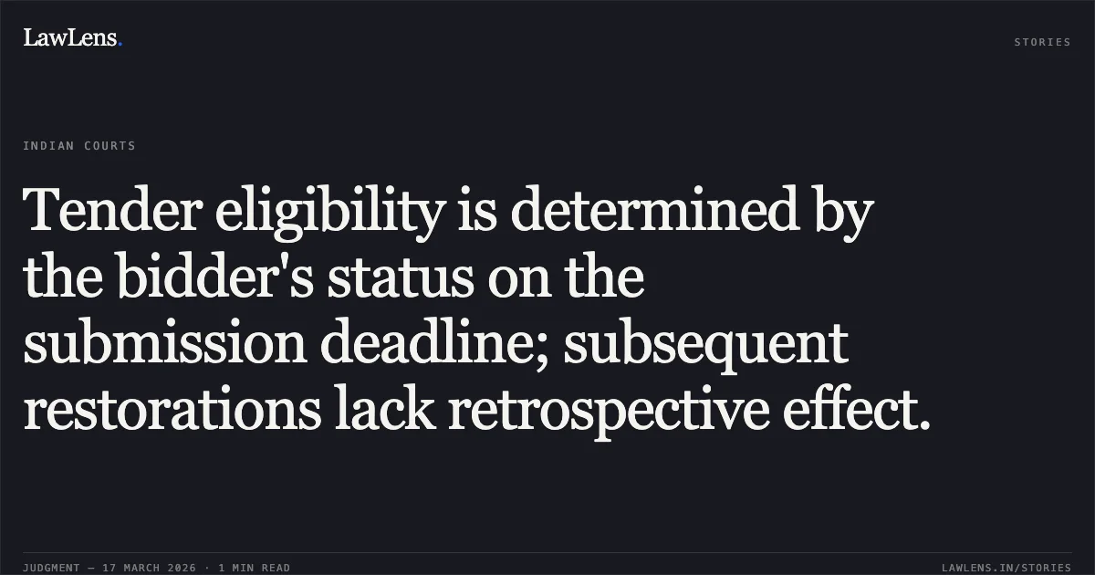 Tender eligibility is determined by the bidder's status on the submission deadline; subsequent restorations lack retrospective effect.. ASHOK KUMAR MITTAL vs STATE OF CHHATTISGARH. Chhattisgarh High Court. LawLens