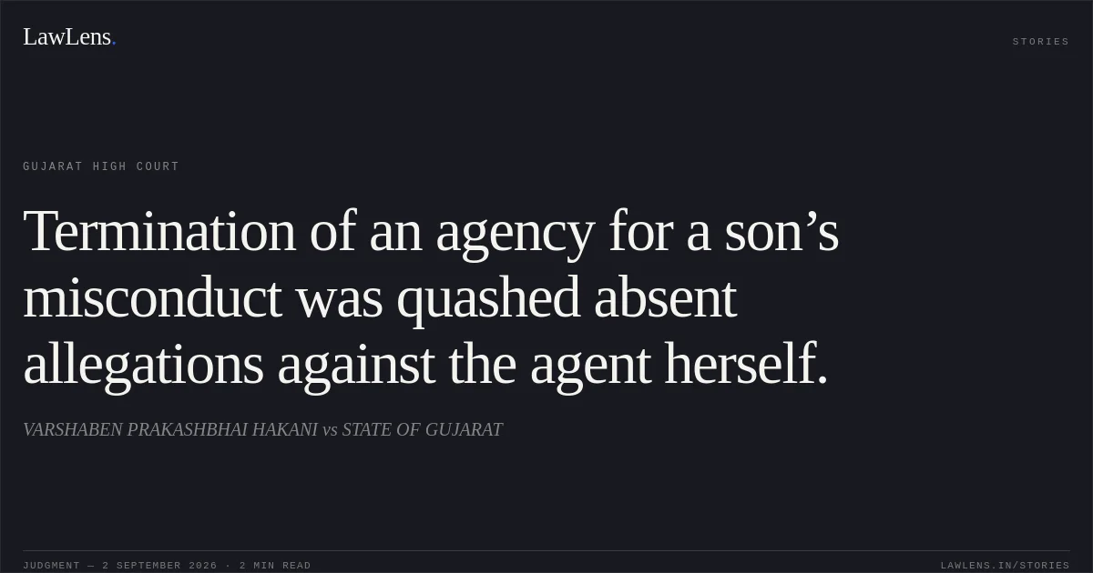 Termination of an agency for a son’s misconduct was quashed absent allegations against the agent herself.. VARSHABEN PRAKASHBHAI HAKANI vs STATE OF GUJARAT. Gujarat High Court. LawLens