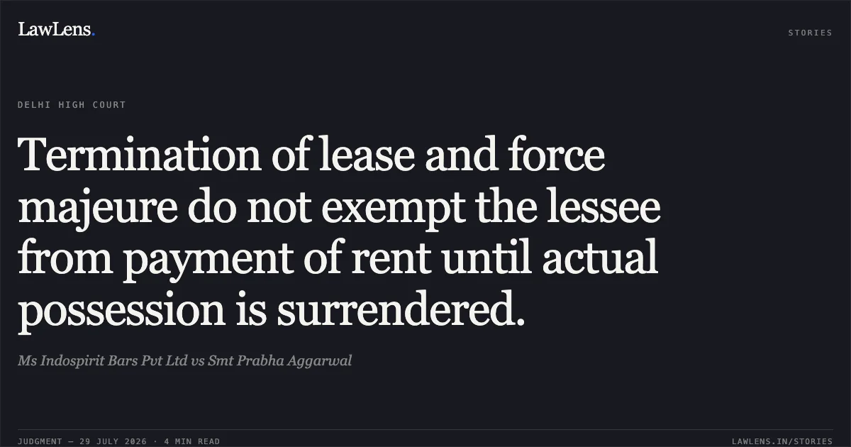 Termination of lease and force majeure do not exempt the lessee from payment of rent until actual possession is surrendered.. Ms Indospirit Bars Pvt Ltd vs Smt Prabha Aggarwal. Delhi High Court. LawLens