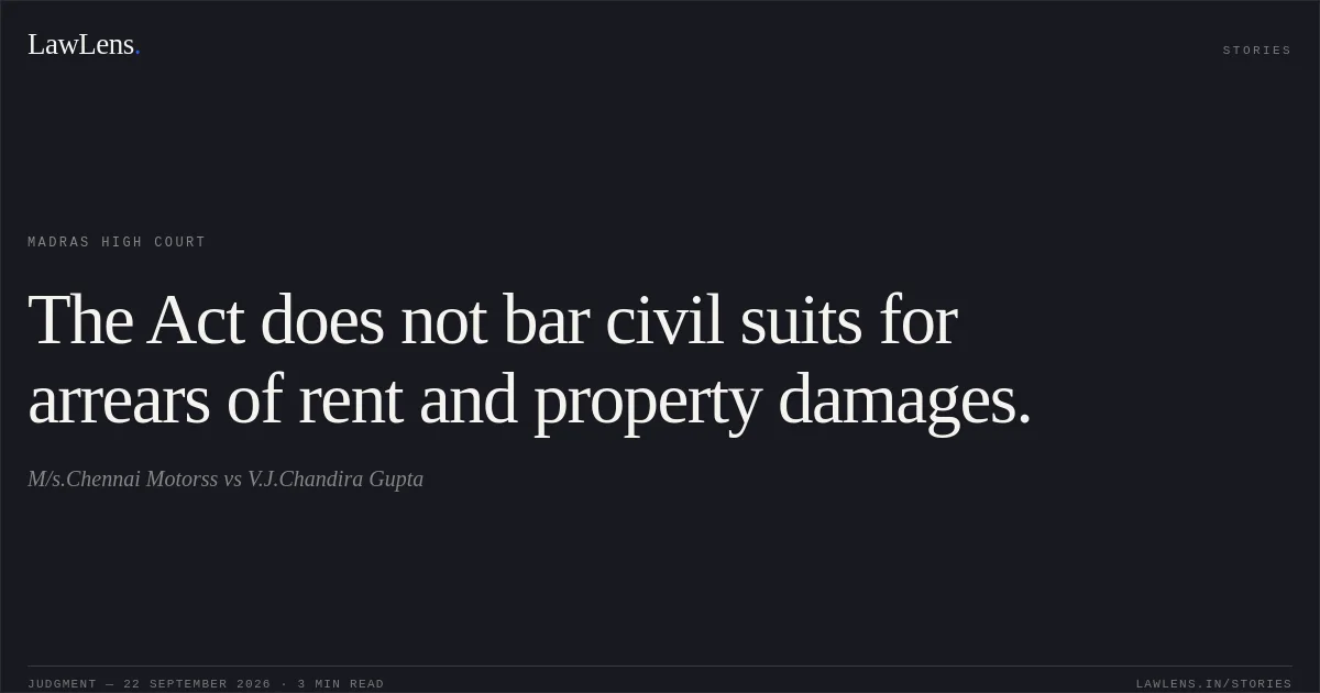 The Act does not bar civil suits for arrears of rent and property damages.. M/s.Chennai Motorss vs V.J.Chandira Gupta. Madras High Court. LawLens