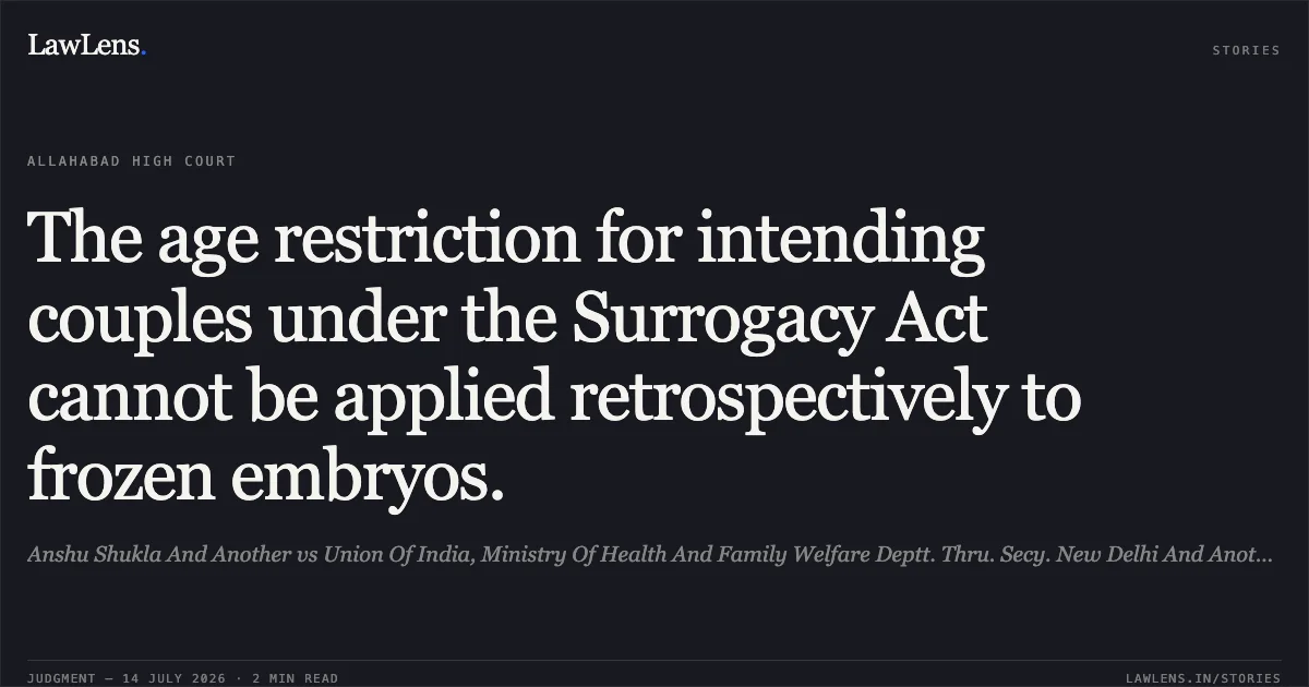 The age restriction for intending couples under the Surrogacy Act cannot be applied retrospectively to frozen embryos.. Anshu Shukla And Another vs Union Of India, Ministry Of Health And Family Welfare Deptt. Thru. Secy. New Delhi And Another. Allahabad High Court. LawLens