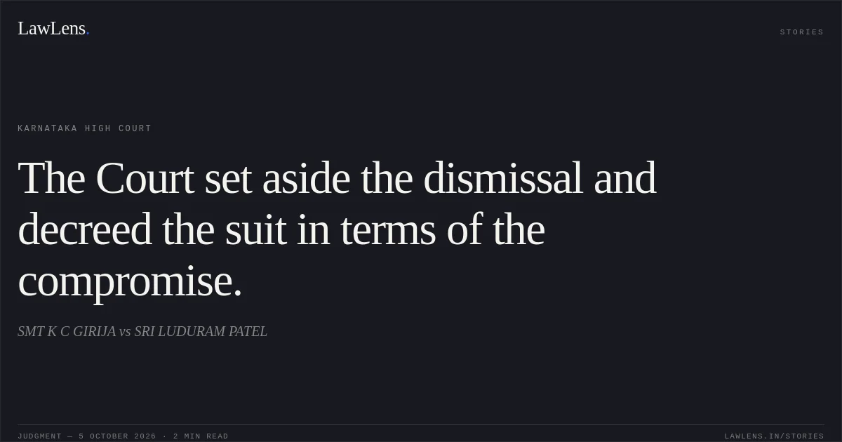 The Court set aside the dismissal and decreed the suit in terms of the compromise.. SMT K C GIRIJA vs SRI LUDURAM PATEL. Karnataka High Court. LawLens