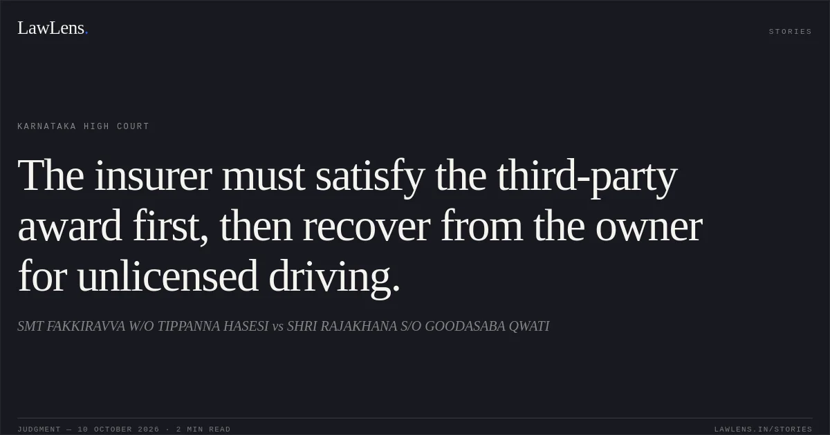 The insurer must satisfy the third-party award first, then recover from the owner for unlicensed driving.. SMT FAKKIRAVVA W/O TIPPANNA HASESI vs SHRI RAJAKHANA S/O GOODASABA QWATI. Karnataka High Court. LawLens