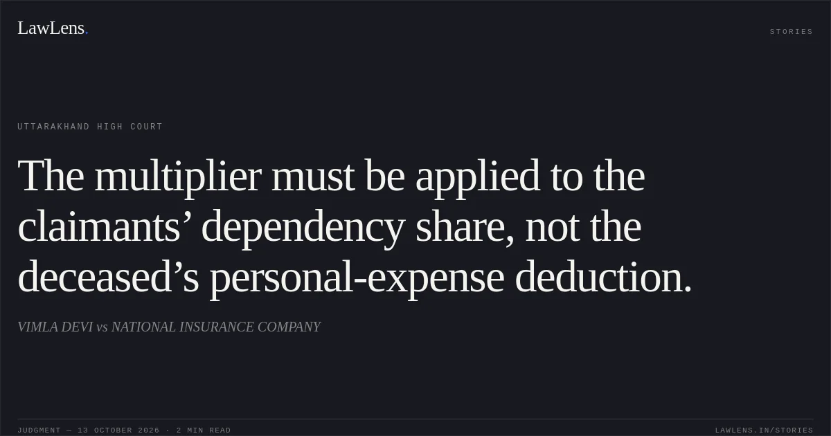 The multiplier must be applied to the claimants’ dependency share, not the deceased’s personal-expense deduction.. VIMLA DEVI vs NATIONAL INSURANCE COMPANY. Uttarakhand High Court. LawLens