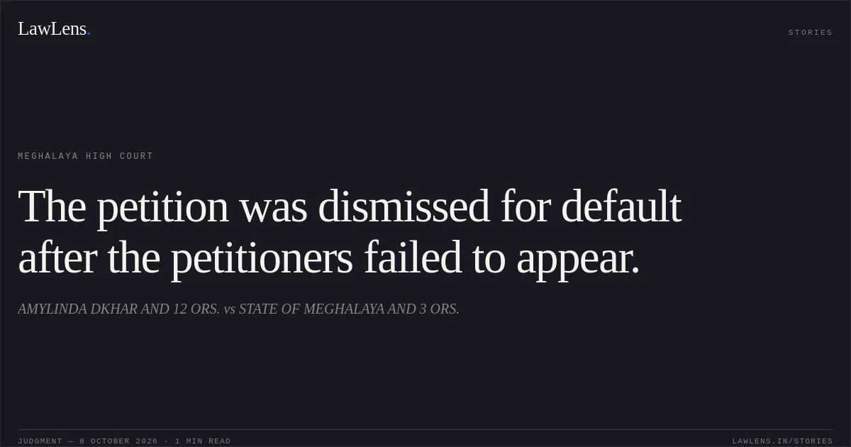 The petition was dismissed for default after the petitioners failed to appear.. AMYLINDA DKHAR AND 12 ORS. vs STATE OF MEGHALAYA AND 3 ORS.. Meghalaya High Court. LawLens