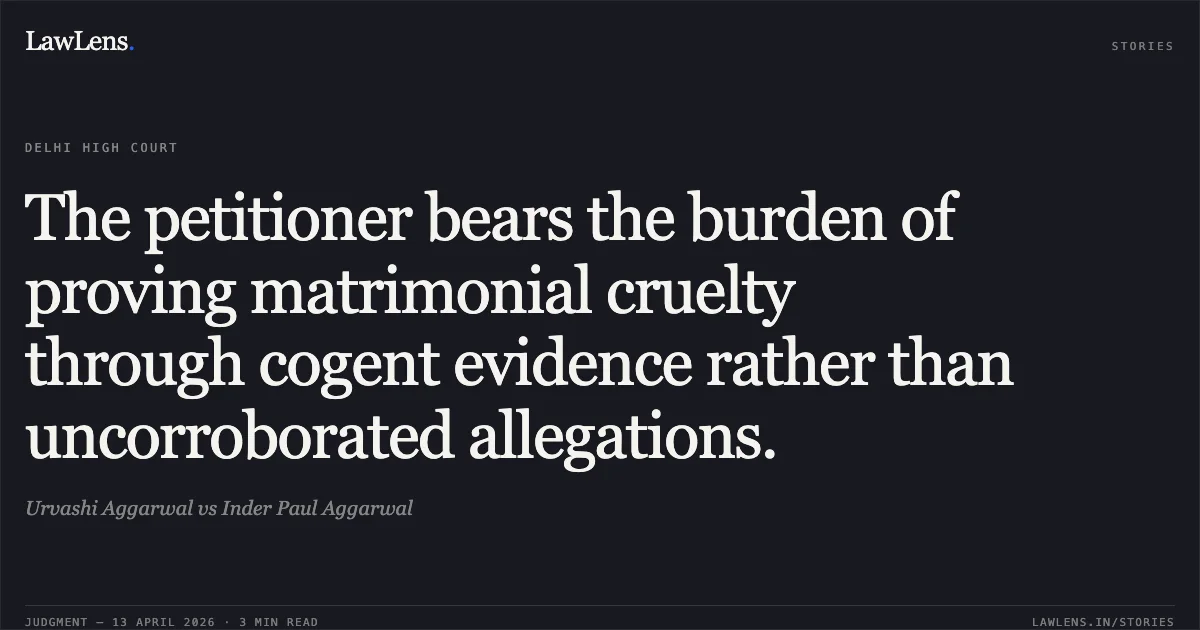 The petitioner bears the burden of proving matrimonial cruelty through cogent evidence rather than uncorroborated allegations.. Urvashi Aggarwal vs Inder Paul Aggarwal. Delhi High Court. LawLens