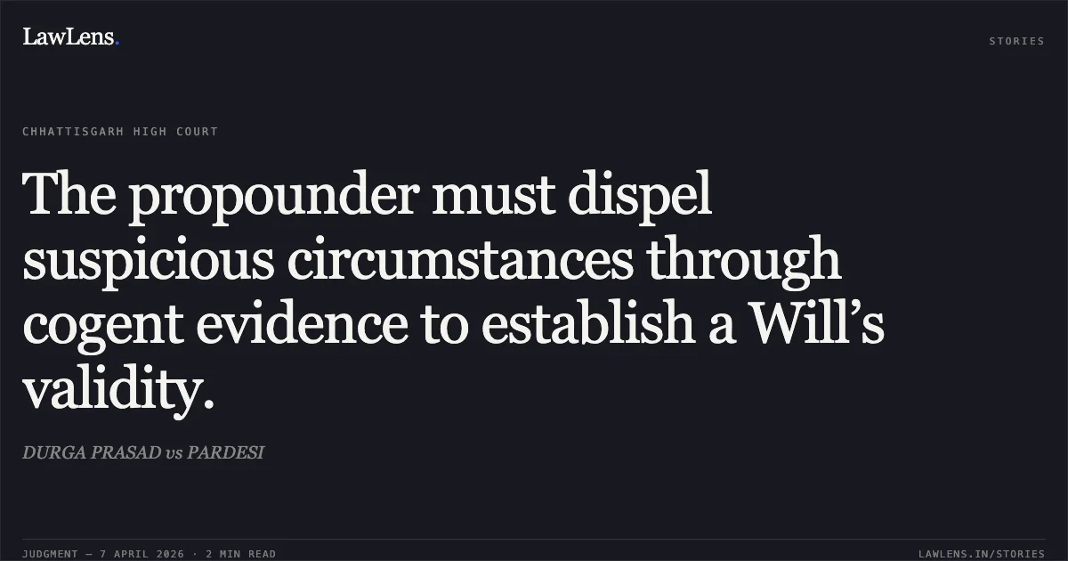 The propounder must dispel suspicious circumstances through cogent evidence to establish a Will’s validity.. DURGA PRASAD vs PARDESI. Chhattisgarh High Court. LawLens