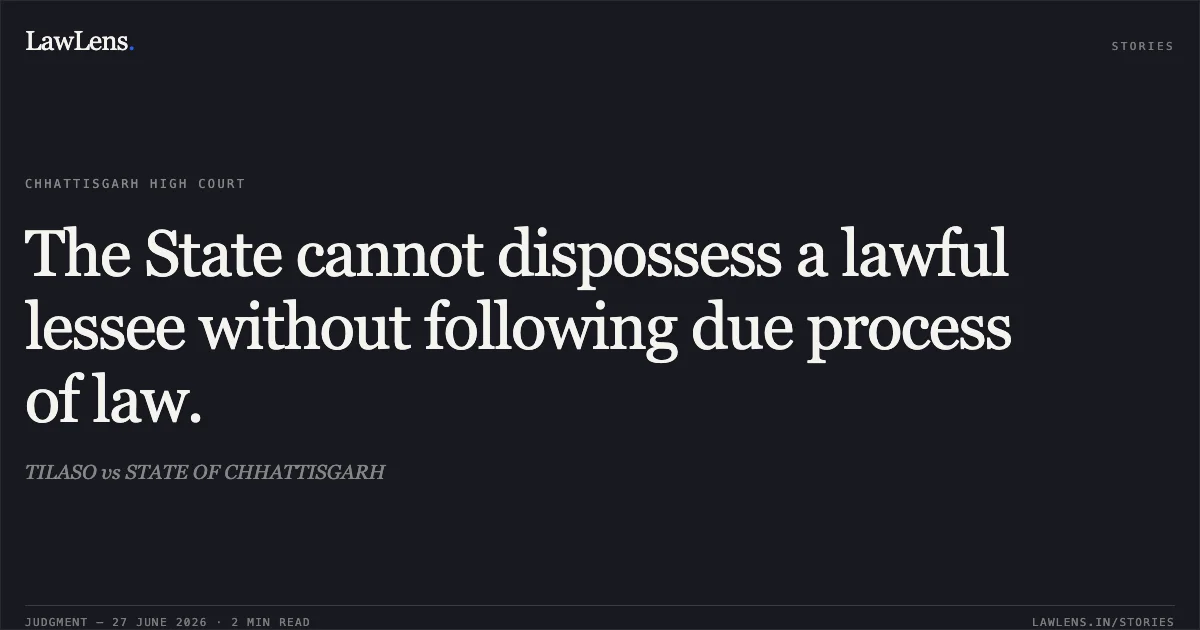 The State cannot dispossess a lawful lessee without following due process of law.. TILASO vs STATE OF CHHATTISGARH. Chhattisgarh High Court. LawLens