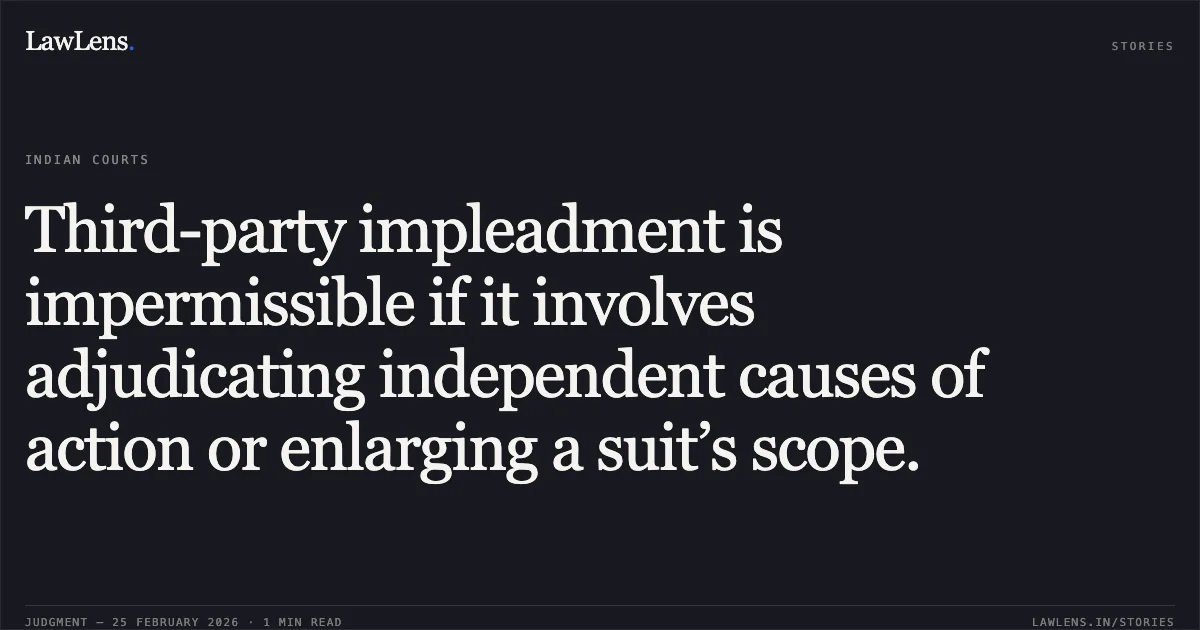 Third-party impleadment is impermissible if it involves adjudicating independent causes of action or enlarging a suit’s scope.. Rajive Sawhney & Anr. v. Devika Mehra [CS(OS) 212/2018 & I.A. 11225/2024]. Delhi High Court. LawLens