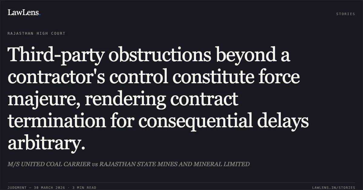 Third-party obstructions beyond a contractor's control constitute force majeure, rendering contract termination for consequential delays arbitrary.. M/S UNITED COAL CARRIER vs RAJASTHAN STATE MINES AND MINERAL LIMITED. Rajasthan High Court. LawLens