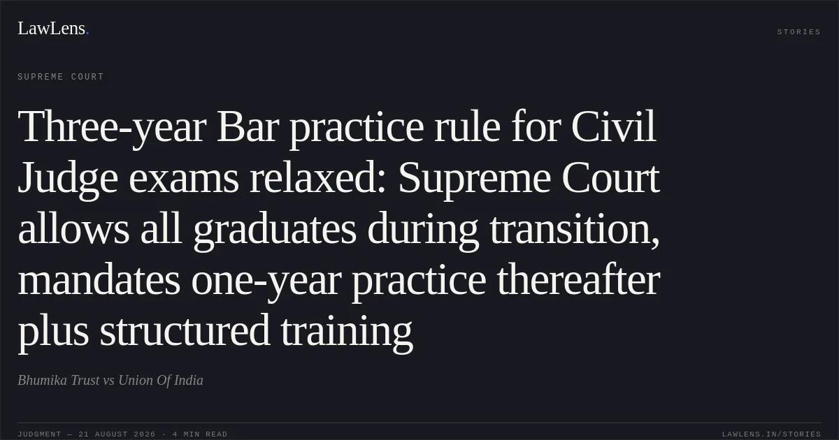 Three-year Bar practice rule for Civil Judge exams relaxed: Supreme Court allows all graduates during transition, mandates one-year practice thereafter plus structured training. Bhumika Trust vs Union Of India. Supreme Court. LawLens