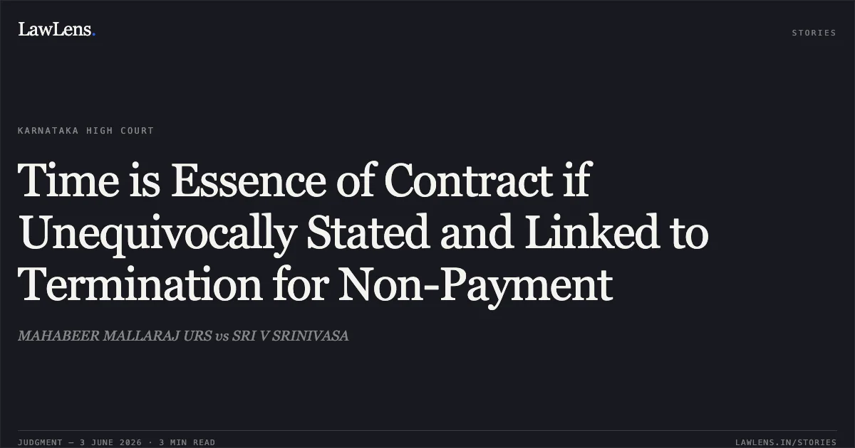 Time is Essence of Contract if Unequivocally Stated and Linked to Termination for Non-Payment. MAHABEER MALLARAJ URS vs SRI V SRINIVASA. Karnataka High Court. LawLens