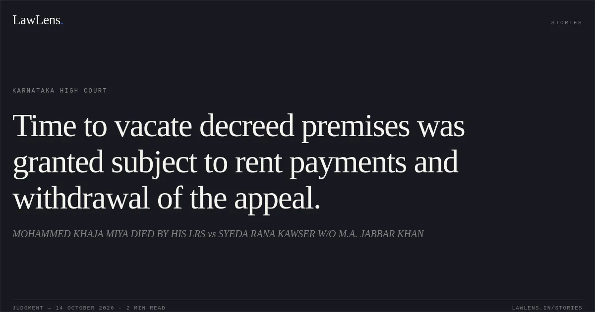 Time to vacate decreed premises was granted subject to rent payments and withdrawal of the appeal.. MOHAMMED KHAJA MIYA DIED BY HIS LRS vs SYEDA RANA KAWSER W/O M.A. JABBAR KHAN. Karnataka High Court. LawLens