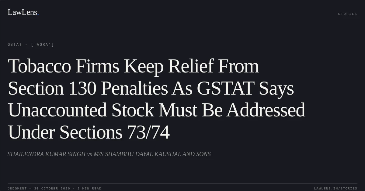 Tobacco Firms Keep Relief From Section 130 Penalties As GSTAT Says Unaccounted Stock Must Be Addressed Under Sections 73/74. SHAILENDRA KUMAR SINGH vs M/S SHAMBHU DAYAL KAUSHAL AND SONS. GSTAT - ['Agra']. LawLens