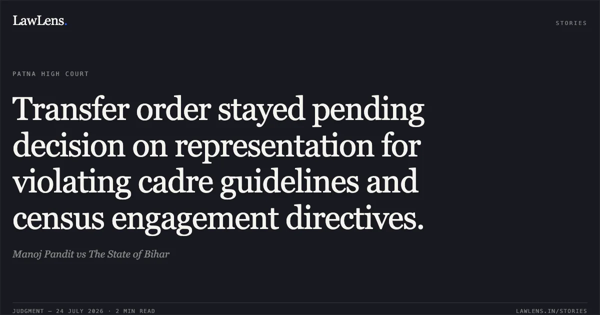 Transfer order stayed pending decision on representation for violating cadre guidelines and census engagement directives.. Manoj Pandit vs The State of Bihar. Patna High Court. LawLens