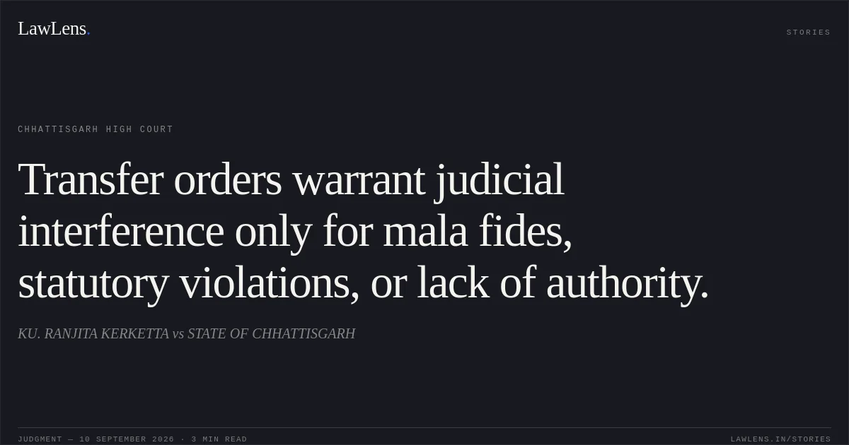 Transfer orders warrant judicial interference only for mala fides, statutory violations, or lack of authority.. KU. RANJITA KERKETTA vs STATE OF CHHATTISGARH. Chhattisgarh High Court. LawLens