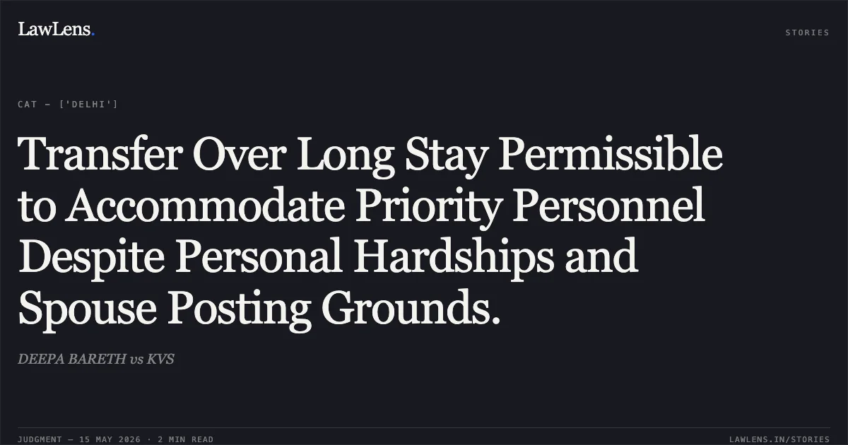 Transfer Over Long Stay Permissible to Accommodate Priority Personnel Despite Personal Hardships and Spouse Posting Grounds.. DEEPA BARETH vs KVS. Central Administrative Tribunal. LawLens