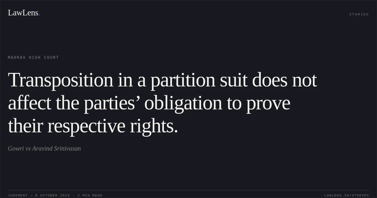 Transposition in a partition suit does not affect the parties’ obligation to prove their respective rights.. Gowri vs Aravind Srinivasan. Madras High Court. LawLens