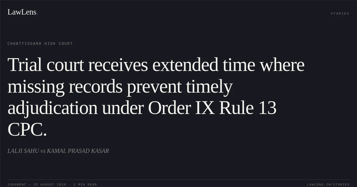 Trial court receives extended time where missing records prevent timely adjudication under Order IX Rule 13 CPC.. LALJI SAHU vs KAMAL PRASAD KASAR. Chhattisgarh High Court. LawLens