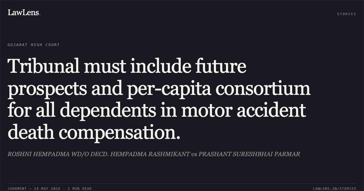 Tribunal must include future prospects and per-capita consortium for all dependents in motor accident death compensation.. ROSHNI HEMPADMA WD/O DECD. HEMPADMA RASHMIKANT vs PRASHANT SURESHBHAI PARMAR. Gujarat High Court. LawLens