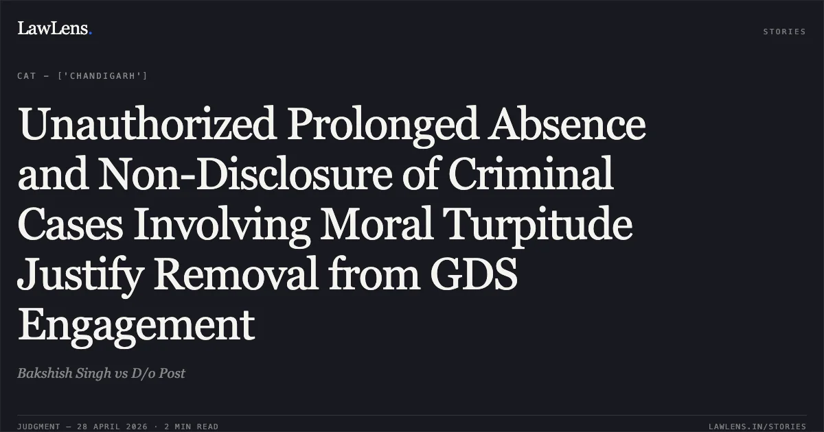 Unauthorized Prolonged Absence and Non-Disclosure of Criminal Cases Involving Moral Turpitude Justify Removal from GDS Engagement. Bakshish Singh vs D/o Post. Central Administrative Tribunal. LawLens