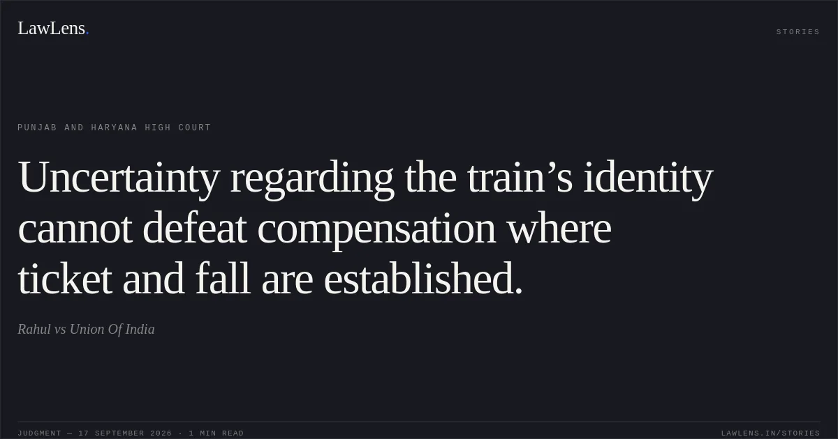 Uncertainty regarding the train’s identity cannot defeat compensation where ticket and fall are established.. Rahul vs Union Of India. Punjab and Haryana High Court. LawLens