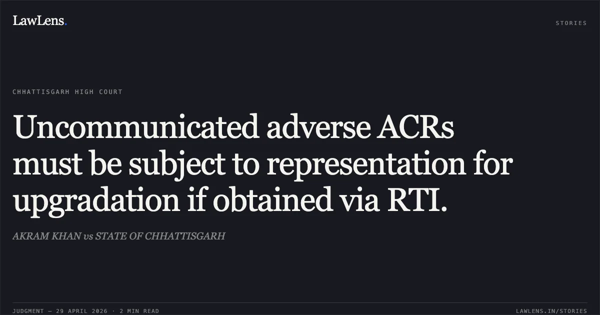 Uncommunicated adverse ACRs must be subject to representation for upgradation if obtained via RTI.. AKRAM KHAN vs STATE OF CHHATTISGARH. Chhattisgarh High Court. LawLens