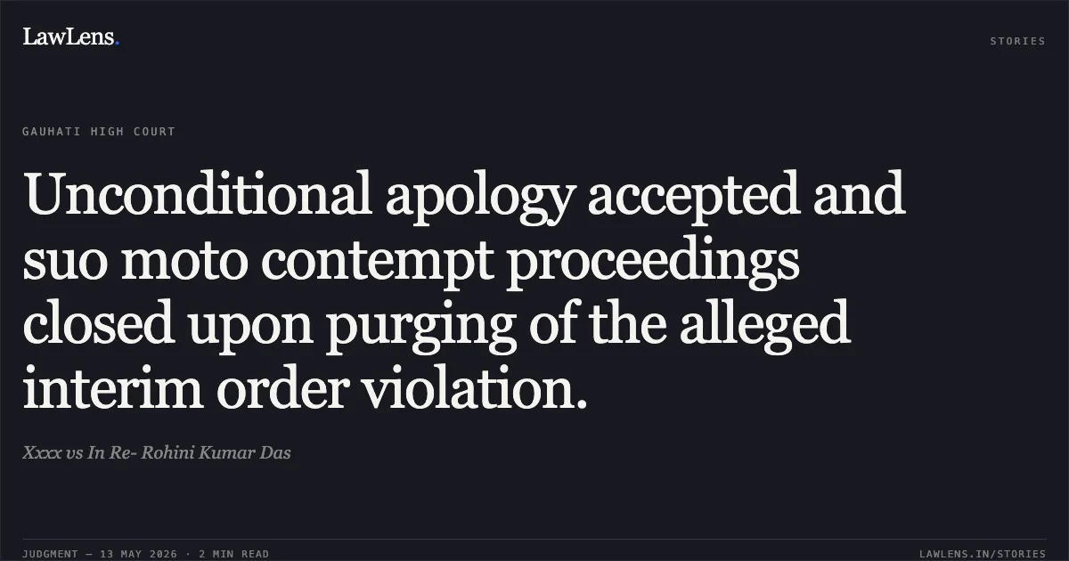Unconditional apology accepted and suo moto contempt proceedings closed upon purging of the alleged interim order violation.. Xxxx vs In Re- Rohini Kumar Das. Gauhati High Court. LawLens