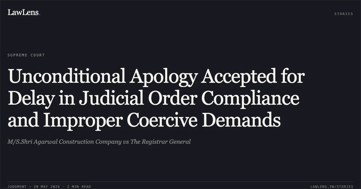 Unconditional Apology Accepted for Delay in Judicial Order Compliance and Improper Coercive Demands. M/S.Shri Agarwal Construction Company vs The Registrar General. Supreme Court. LawLens