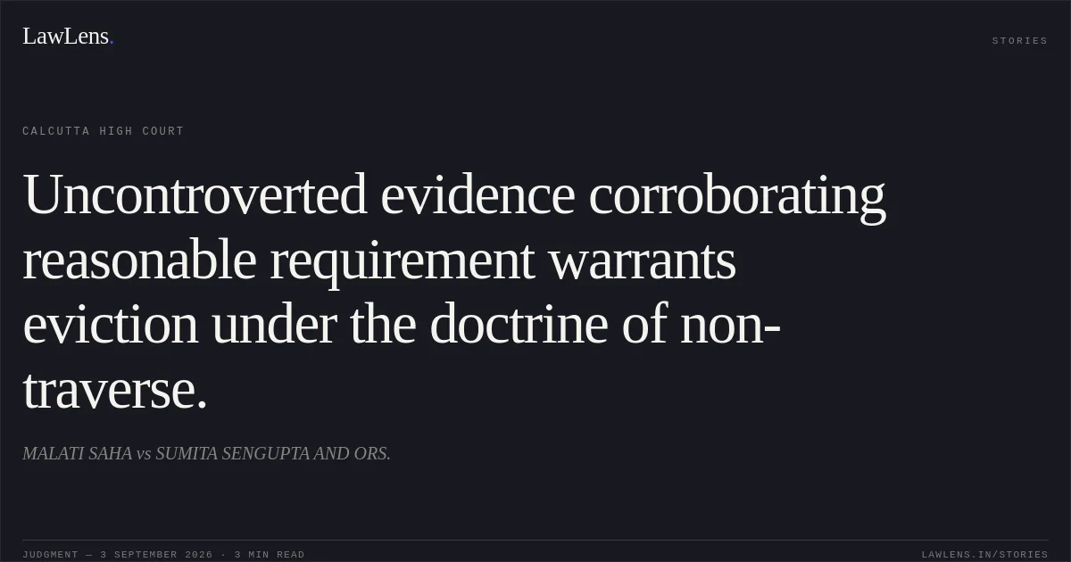 Uncontroverted evidence corroborating reasonable requirement warrants eviction under the doctrine of non-traverse.. MALATI SAHA vs SUMITA SENGUPTA AND ORS.. Calcutta High Court. LawLens