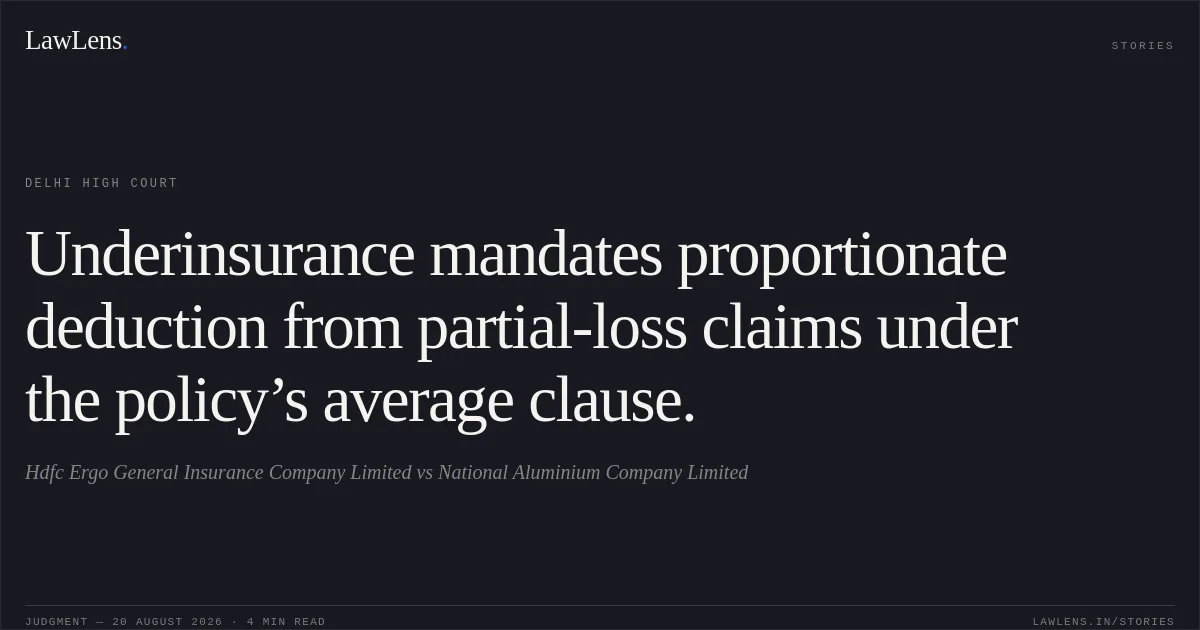 Underinsurance mandates proportionate deduction from partial-loss claims under the policy’s average clause.. Hdfc Ergo General Insurance Company Limited vs National Aluminium Company Limited. Delhi High Court. LawLens