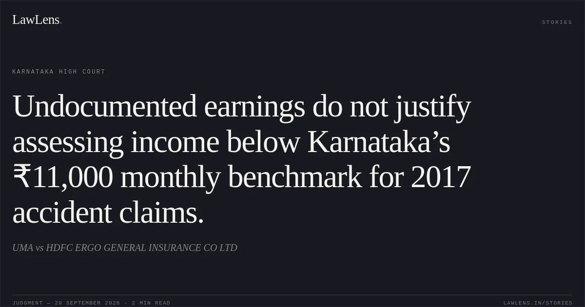 Undocumented earnings do not justify assessing income below Karnataka’s ₹11,000 monthly benchmark for 2017 accident claims.. UMA vs HDFC ERGO GENERAL INSURANCE CO LTD. Karnataka High Court. LawLens