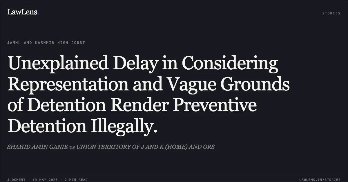 Unexplained Delay in Considering Representation and Vague Grounds of Detention Render Preventive Detention Illegally.. SHAHID AMIN GANIE vs UNION TERRITORY OF J AND K (HOME) AND ORS. Jammu and Kashmir High Court. LawLens