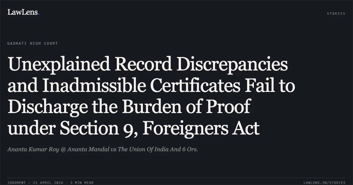 Unexplained Record Discrepancies and Inadmissible Certificates Fail to Discharge the Burden of Proof under Section 9, Foreigners Act. Ananta Kumar Roy @ Ananta Mandal vs The Union Of India And 6 Ors.. Gauhati High Court. LawLens