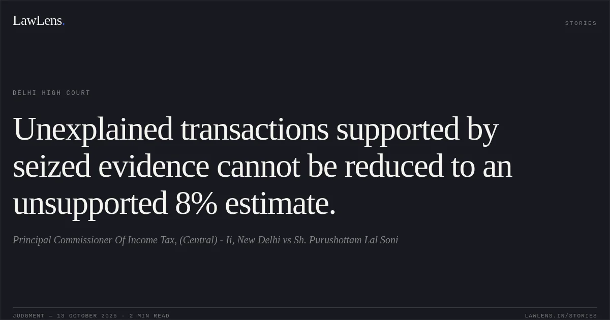 Unexplained transactions supported by seized evidence cannot be reduced to an unsupported 8% estimate.. Principal Commissioner Of Income Tax, (Central) - Ii, New Delhi vs Sh. Purushottam Lal Soni. Delhi High Court. LawLens