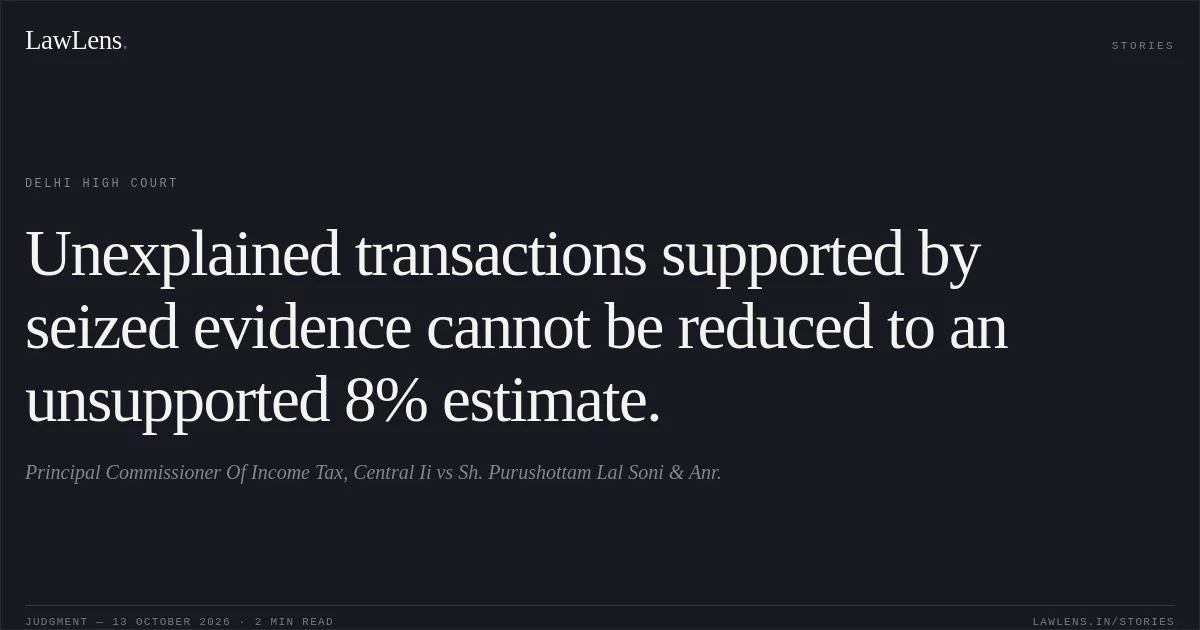 Unexplained transactions supported by seized evidence cannot be reduced to an unsupported 8% estimate.. Principal Commissioner Of Income Tax, Central Ii vs Sh. Purushottam Lal Soni & Anr.. Delhi High Court. LawLens