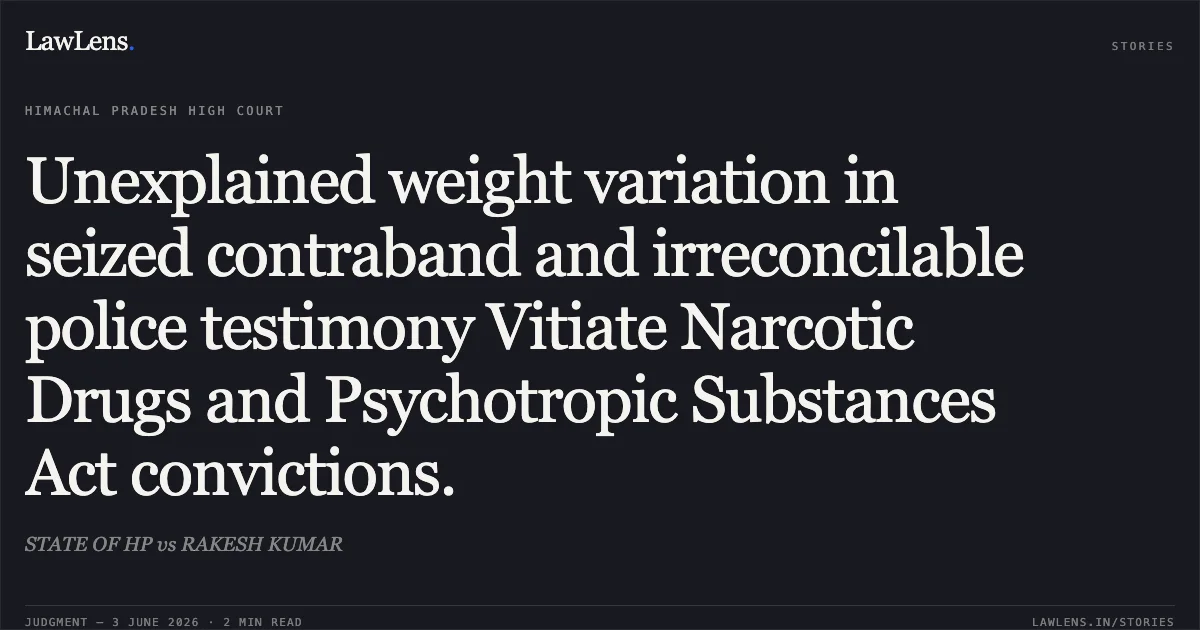 Unexplained weight variation in seized contraband and irreconcilable police testimony Vitiate Narcotic Drugs and Psychotropic Substances Act convictions.. STATE OF HP vs RAKESH KUMAR. High Court of Himachal Pradesh. LawLens
