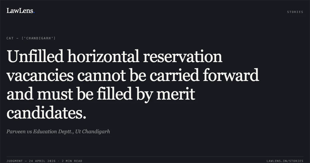 Unfilled horizontal reservation vacancies cannot be carried forward and must be filled by merit candidates.. Parveen vs Education Deptt., Ut Chandigarh. Central Administrative Tribunal. LawLens