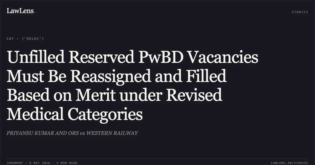 Unfilled Reserved PwBD Vacancies Must Be Reassigned and Filled Based on Merit under Revised Medical Categories. PRIYANSU KUMAR AND ORS vs WESTERN RAILWAY. Central Administrative Tribunal. LawLens