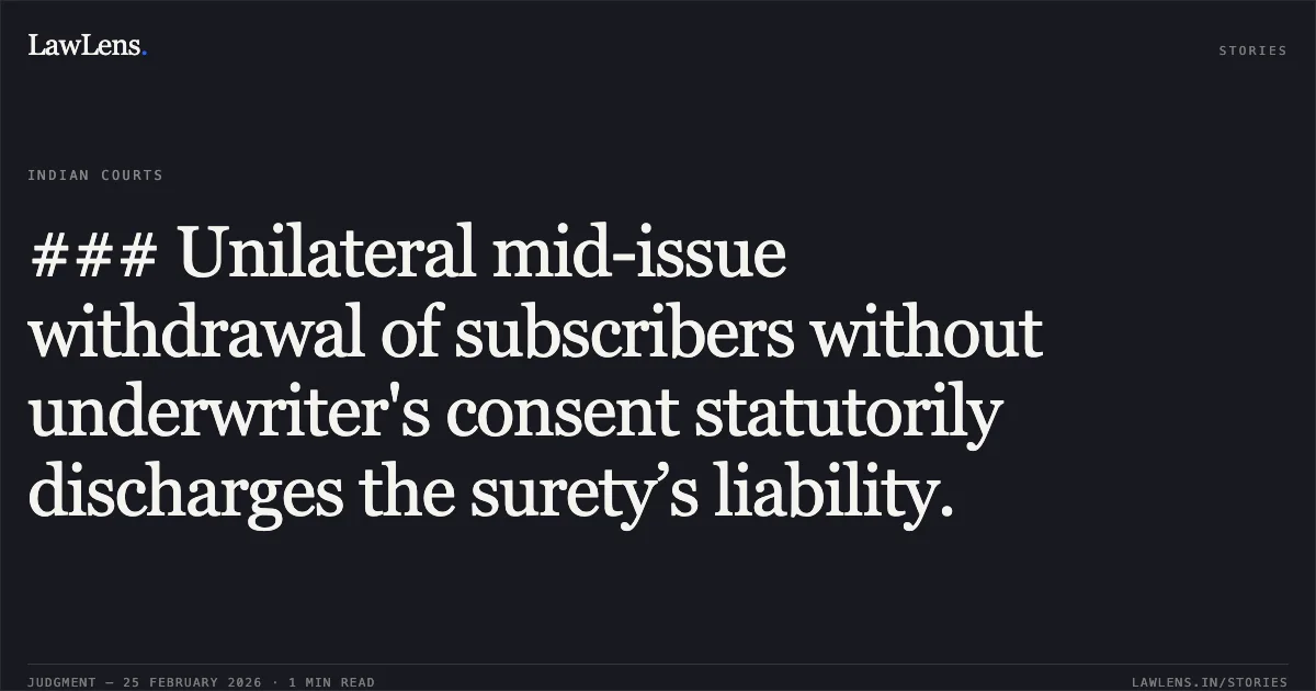 ### Unilateral mid-issue withdrawal of subscribers without underwriter's consent statutorily discharges the surety’s liability.. Tommorrowland Limited v. HDFC Bank Ltd. [FAO(OS) 38/2022 & Others, 2026:DHC: [Citation Pending]]. Delhi High Court. LawLens