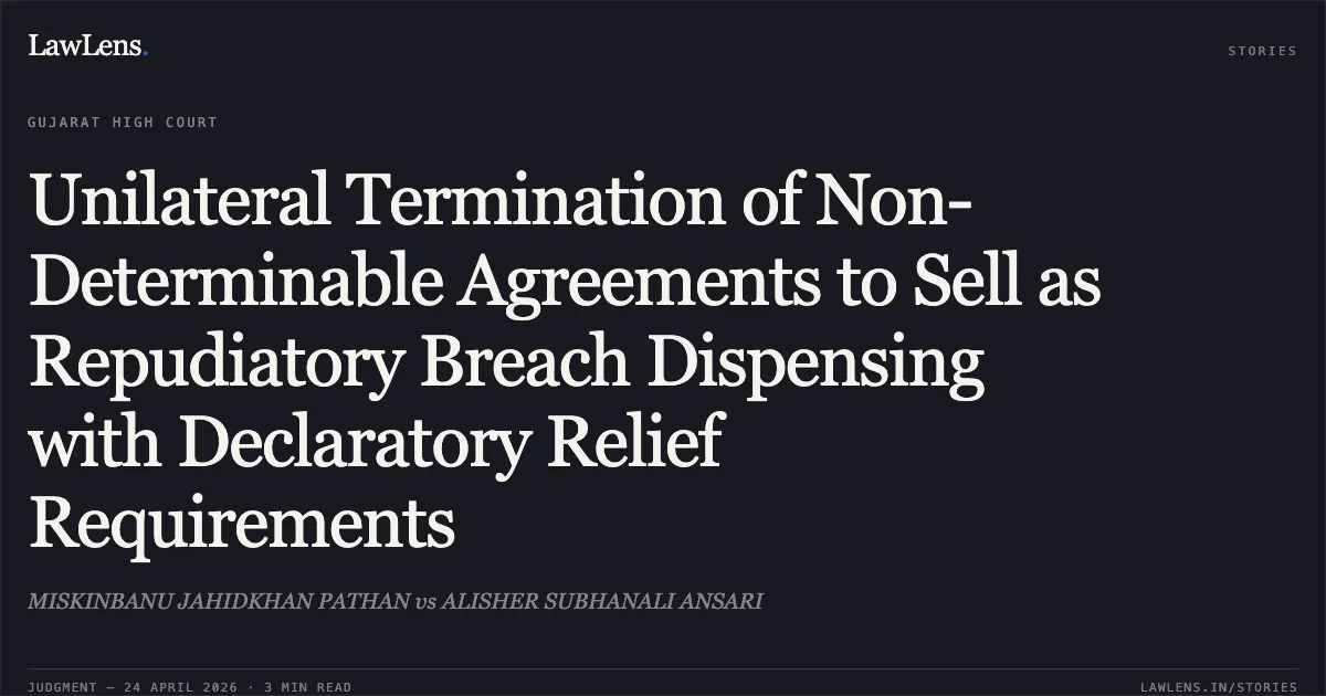 Unilateral Termination of Non-Determinable Agreements to Sell as Repudiatory Breach Dispensing with Declaratory Relief Requirements. MISKINBANU JAHIDKHAN PATHAN vs ALISHER SUBHANALI ANSARI. Gujarat High Court. LawLens