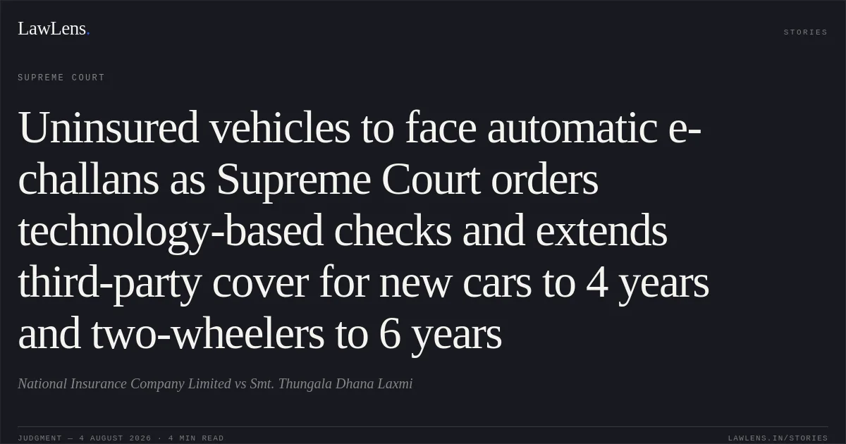 Uninsured vehicles to face automatic e-challans as Supreme Court orders technology-based checks and extends third-party cover for new cars to 4 years and two-wheelers to 6 years. National Insurance Company Limited vs Smt. Thungala Dhana Laxmi. Supreme Court. LawLens