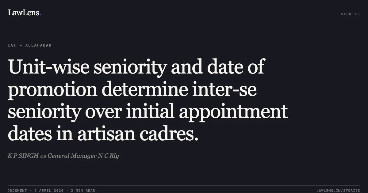Unit-wise seniority and date of promotion determine inter-se seniority over initial appointment dates in artisan cadres.. K P SINGH vs General Manager N C Rly. Central Administrative Tribunal. LawLens