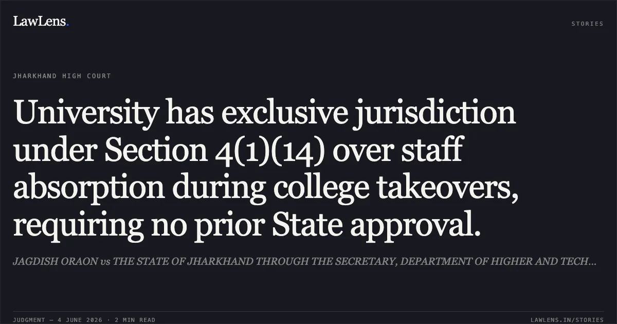 University has exclusive jurisdiction under Section 4(1)(14) over staff absorption during college takeovers, requiring no prior State approval.. JAGDISH ORAON vs THE STATE OF JHARKHAND THROUGH THE SECRETARY, DEPARTMENT OF HIGHER AND TECHNICAL EDUCATION. Jharkhand High Court. LawLens