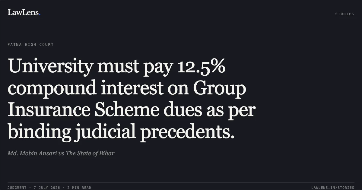 University must pay 12.5% compound interest on Group Insurance Scheme dues as per binding judicial precedents.. Md. Mobin Ansari vs The State of Bihar. Patna High Court. LawLens
