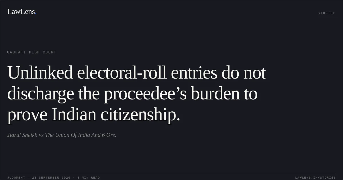 Unlinked electoral-roll entries do not discharge the proceedee’s burden to prove Indian citizenship.. Jiarul Sheikh vs The Union Of India And 6 Ors.. Gauhati High Court. LawLens
