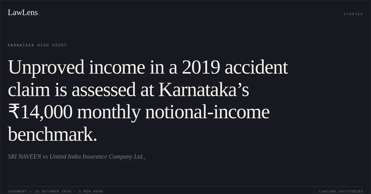 Unproved income in a 2019 accident claim is assessed at Karnataka’s ₹14,000 monthly notional-income benchmark.. SRI NAVEEN vs United India Insurance Company Ltd.,. Karnataka High Court. LawLens
